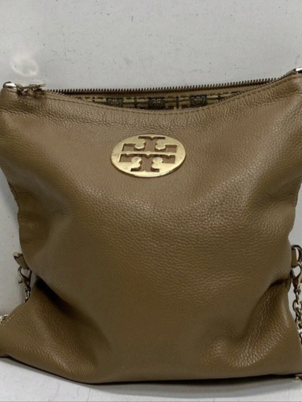Authentic Tory Burch Tan Pebbled Leather Convertible Shoulder Bag with Gold Logo